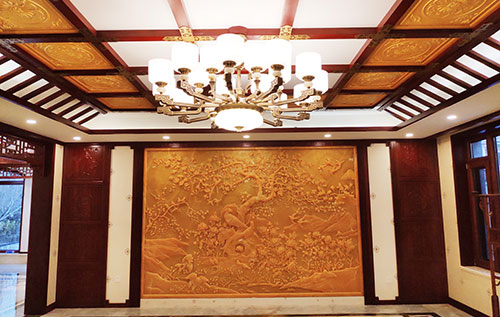 翁源中式别墅客厅中式木作横梁吊顶装饰展示